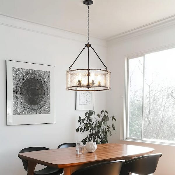 5-Light Black Drum Chandelier Pendant Light with Glass Shade and E12 Base for Dining Room, No Bulbs Included