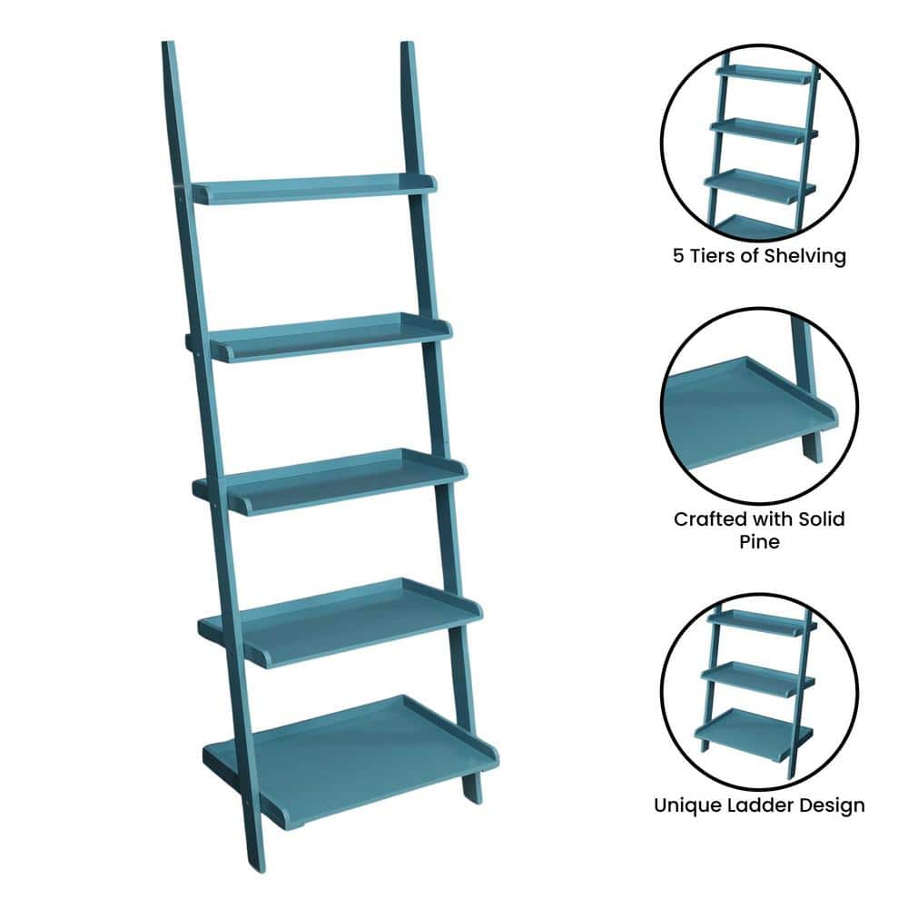 Blue Pine Wood 5-Tier Bookshelf Ladder