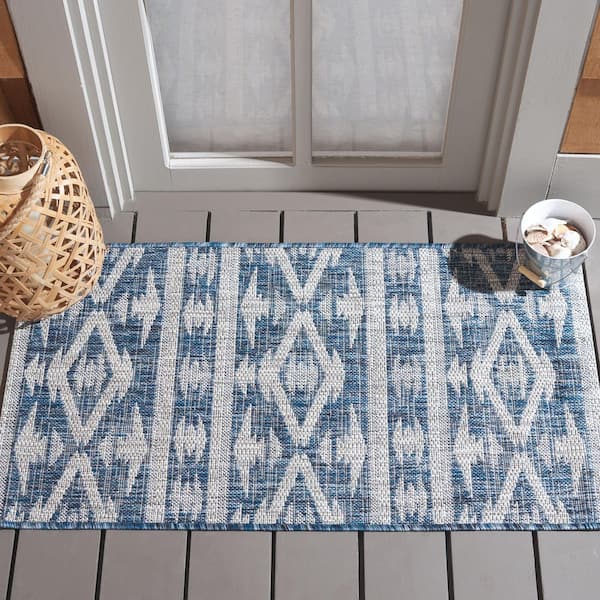 Courtyard Navy/Gray 2 ft. x 4 ft. Geometric Striped Diamond Indoor/Outdoor Area Rug