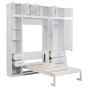 White Wood Frame Twin Size Murphy Bed with Shelves, Drawers, Lockers and Wardrobes