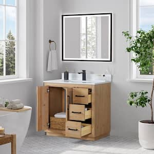 Anais 36 in. W x 22 in. D x 33 in. H Single Sink Bath Vanity in Brown with White Engineered Stone Top and Mirror