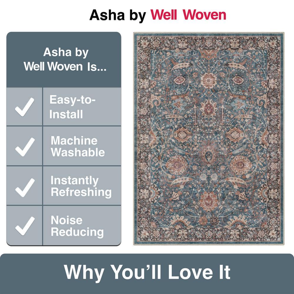 Teal Vintage Oriental Flat-Weave Washable Area Rug