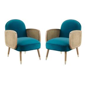 Rustic Blue Velvet Woven Rattan Armrest Accent Arm Chairs (Set of 2)