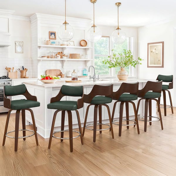 Gaspa 26 in. Green Premium Faux Leather Swivel Bar Stool with Solid Walnut Wood Frame and Open Back Support Set of 6
