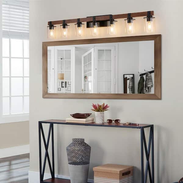 50 in. 7-Light Black Classical Bulbs Vanity Light Over Mirror Bath Wall Lighting Fixtures and Wood Accent (No Bulbs)