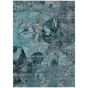 Teal and Gray 8 ft. x 10 ft. Woven Floral Rectangle Indoor/Outdoor Area Rug