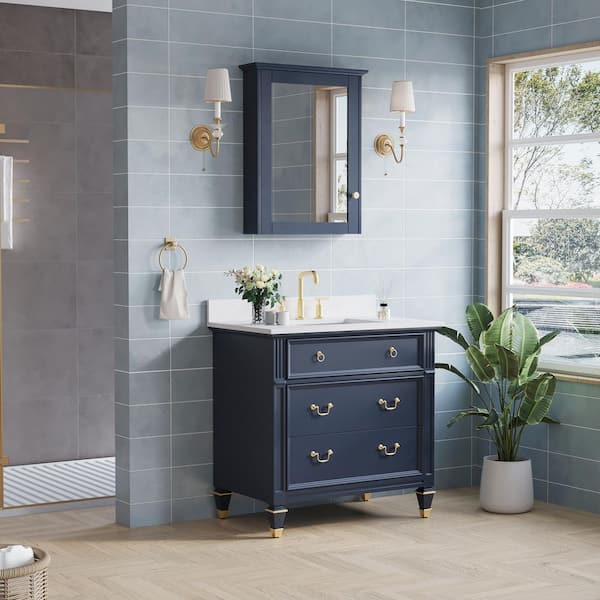 ANGELES HOME 36 in. W Assembled Solid Wood Bathroom Vanity Medicine Cabinet, White Quartz Top, Navy Blue