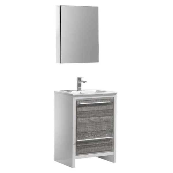 Fresca Allier Rio 24 in. Modern Bathroom Vanity in Ash Gray with Ceramic Vanity Top in White and Medicine Cabinet