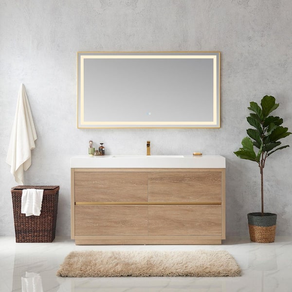 Palencia 60 in. W x 20 in. D x 33.9 in. H Single Sink Bath Vanity in N. American Oak with White Composite Top and Mirror