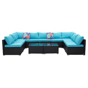 11-Piece Blue Wicker Rattan Patio Furniture Set Patio Conversation with Cushions