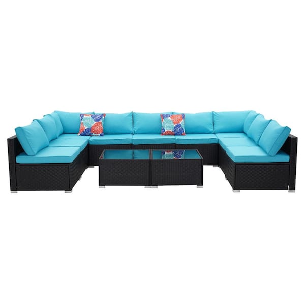 OVASTLKUY 11-Piece Blue Wicker Rattan Patio Furniture Set Patio Conversation with Cushions
