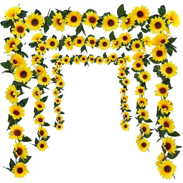 90.5 in. H 3 Pack Artificial Sunflower Garland, Silk Sunflowers with Green Leaves for Decor