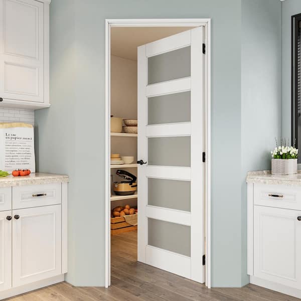 30 in. x 80 in. 5-Lite Frosted Glass Right White Solid Core Wood Single Interior Door with Quick Assemble Jamb