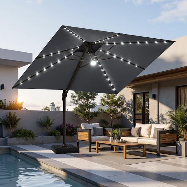 11 ft. x 11 ft. LED Square Swivel Double Top Cantilever Tilt Patio Umbrella in Dark Gray with 260 lbs. HDPE Base