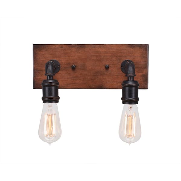 Unbranded Wendell 12 in. 2-Light Painted Wood-look Metal and Dark Granite Vanity Light