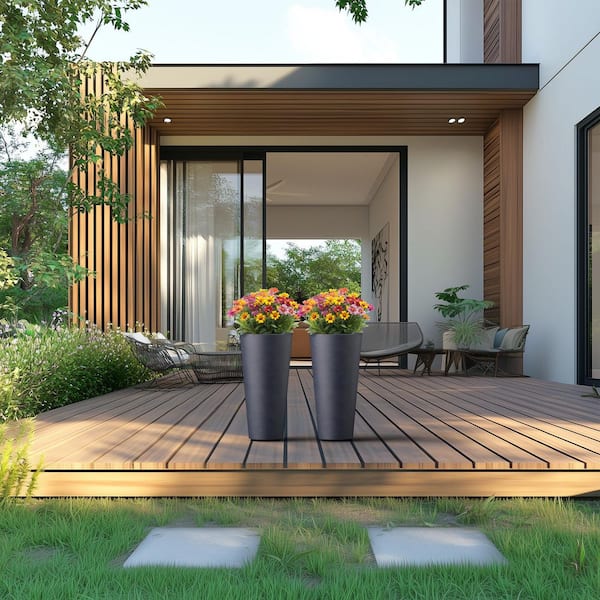 Sapcrete 8 in. Medium Granite Gray (Enhanced Interior) Concrete Round Planter / Pot with Drainage Holes Set of 2