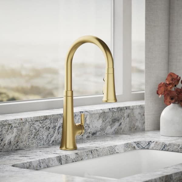 Tone 1 Handle Pull Down Sprayer Kitchen Faucet with Secure Docking in Vibrant Brushed Moderne Brass