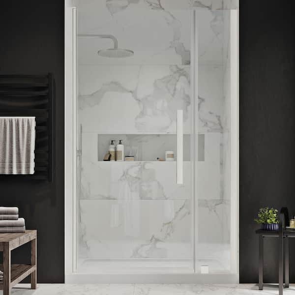 OVE Decors Pasadena 38 in. L x 36 in. W x 75 in. H Alcove Shower Kit w/ Pivot Frameless Shower Door in Satin Nickel and Shower Pan