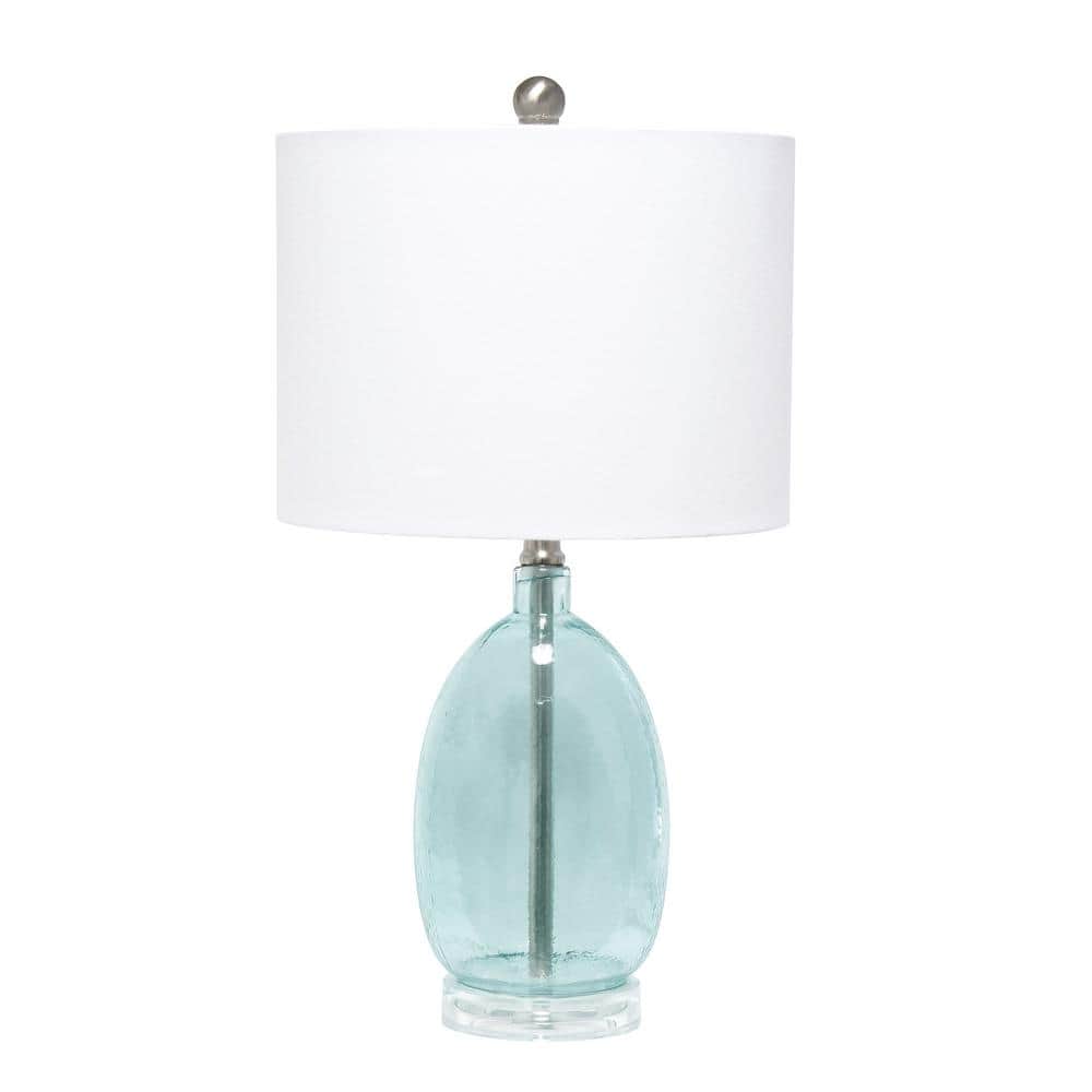 Clear Blue Glass Table Lamp with White Fabric Shade