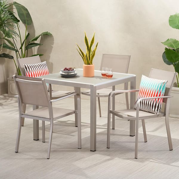 Noble House Boris 30 in. Silver 5-Piece Metal Square Outdoor Patio Dining Set