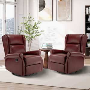 Chiang Burgundy Contemporary Wingback Leather Manual Swivel Recliner Rocking Nursery Chair Set with Metal Base Set of 2