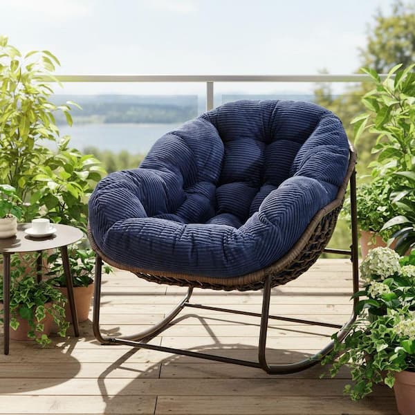 Wicker Outdoor Rocking Chair with Navy Blue Cushion, Rattan