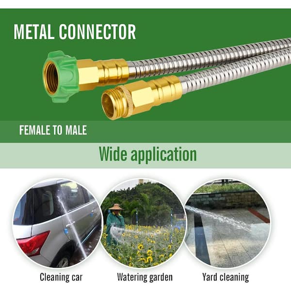 5/8 in. Dia x 3 ft. 304 Stainless Steel Short Garden Hose with Female to male Metal Connector, Anti-leakage Kink Free