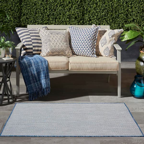 Courtyard Ivory Blue 3 ft. x 5 ft. Geometric Contemporary Indoor/Outdoor Patio Kitchen Area Rug