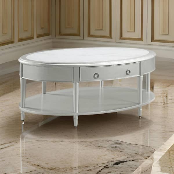 Benjara Kyna 50 in. Silver Oval Wood Coffee Table with 1 Drawer