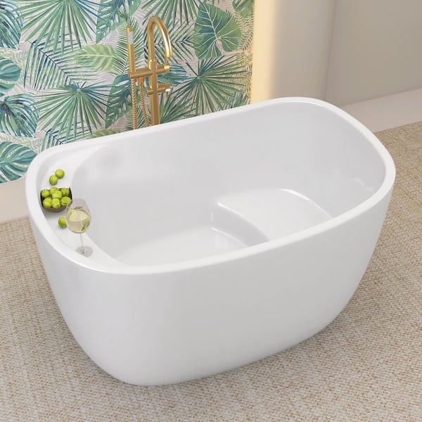 47 in. x 31.5 in. Japanese Acrylic Freestanding Soaking Bathtub in White with Side Chrome Drain and Interior Seat