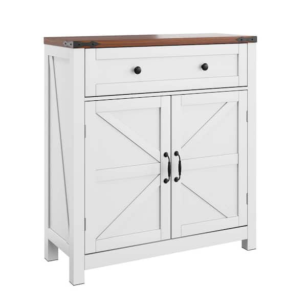 30 in. W x 12 in. D x 32.5 in. H White Wood Linen Cabinet with Walnut Countertop, Drawer and 2 Doors for Bathroom