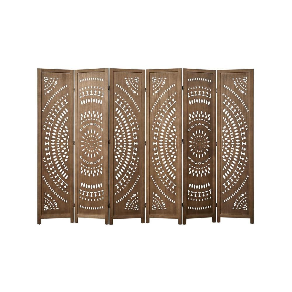 66.9 in. Brown 6-Panels Folding Freestanding Room Divider, Wood Carved Priv