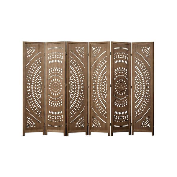 66.9 in. Brown 6-Panels Folding Freestanding Room Divider, Wood Carved Privacy Screens for Bedroom Home Office
