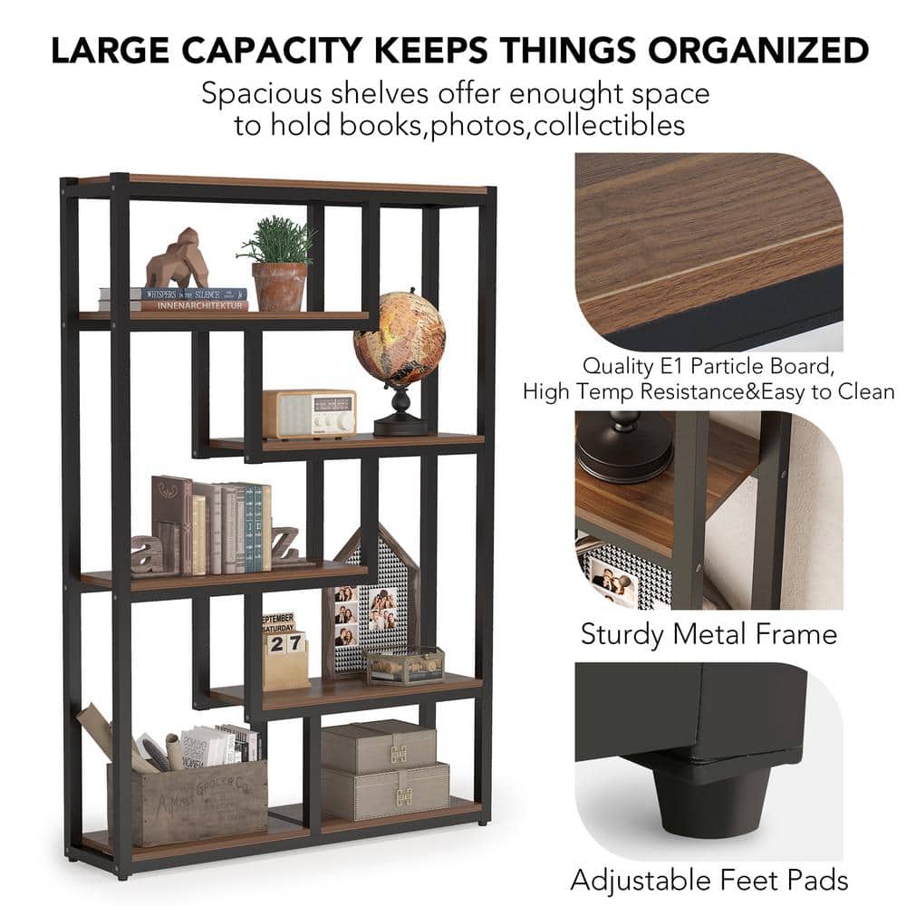 69" Walnut and Black Industrial 6-Tier Bookshelf with Staggered Shelves