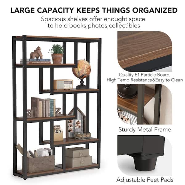 Turrella 69 in. Tall Dark Walnut Wood 6-Shelf Bookcase with Staggered Shelves