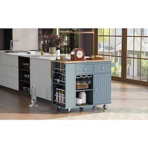 Gray Blue Rubberwood Folding Cable Countertop 39.8 in. W Kitchen Island Cart with Wine Rack and Side Shelf Compartment
