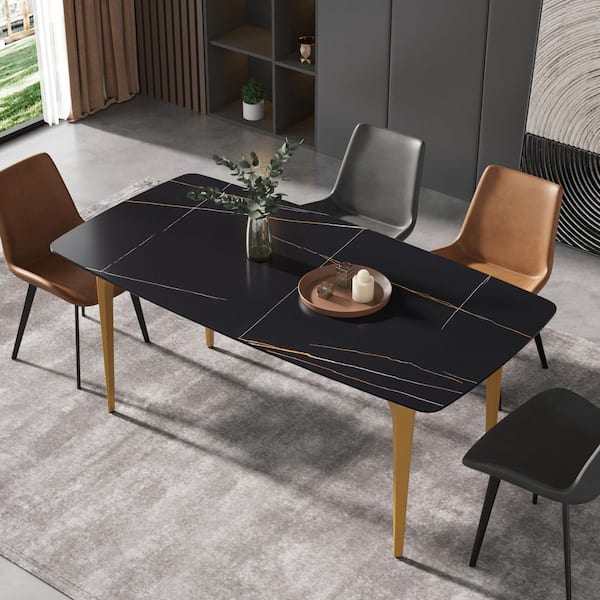 Magic Home 70.87 in. Rectangle Round Edge Sintered Stone Black Top Black Metal 4 Legs Dining Table (Seats 6)