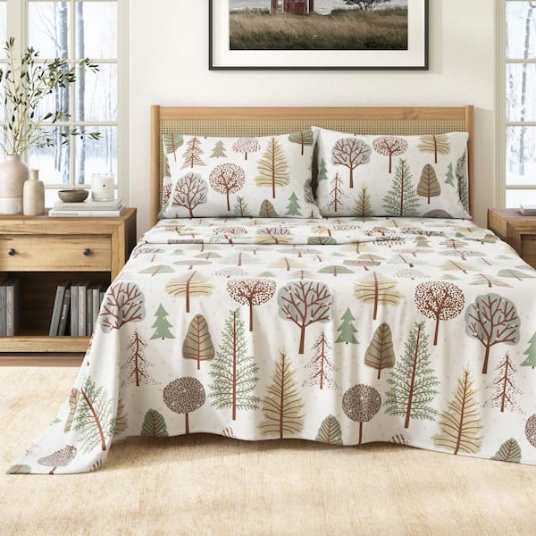 Lodge Inspired Turkish Cotton Flannel Sheet Set, King, Snowy Forest