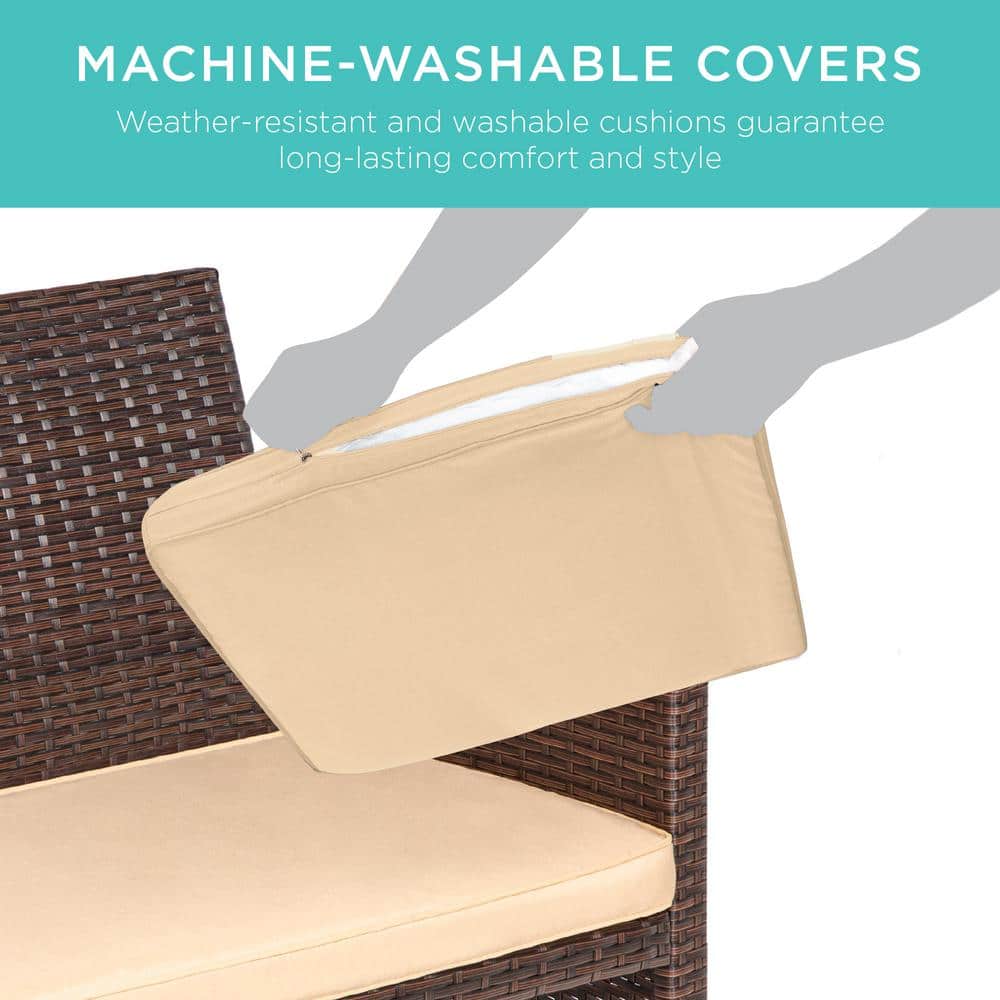 4-Piece Brown Wicker Patio Conversation Set with Beige Cushions and Glass Table