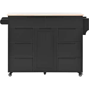 Oasis Black Wood 53.15 in. Kitchen Island with Rubber Wood Countertop, 8 Handle-Free Drawers