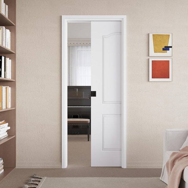 30 in. x 80 in. White Primed Arch 2-Panel Molded Wood Pocket Door with Frame+Hardware (Soft Close and Black Lock Incl)