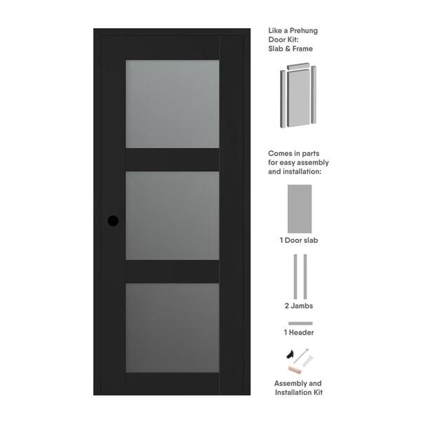 Belldinni Vona 36 in. x 96 in. Right-Handed 3-Lite Frosted Glass Black Matte Composite DIY-Friendly Single Prehung Interior Door