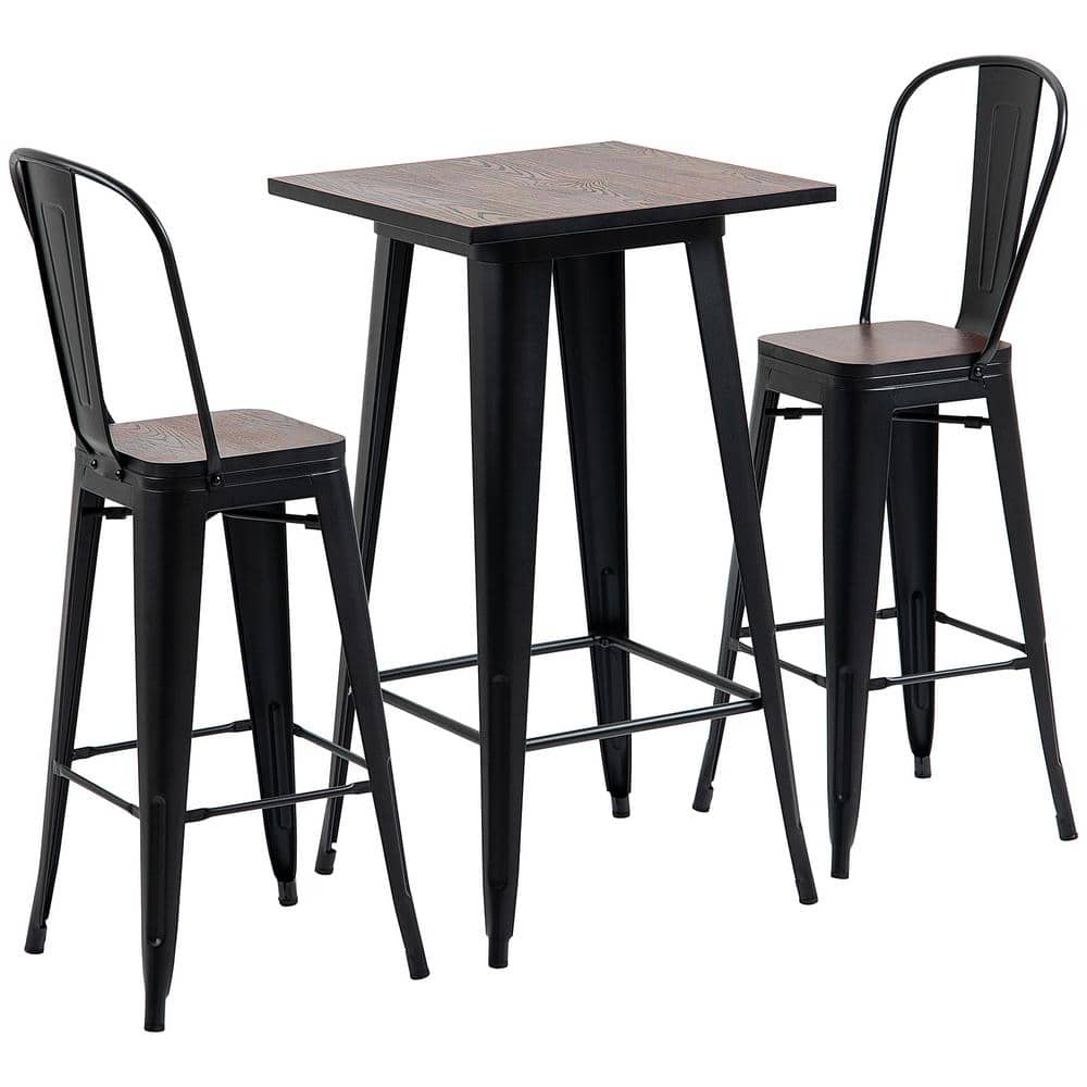 HOMCOM 3-Piece Black Bar Table Set with Footrests and Metal Frame 835 ...