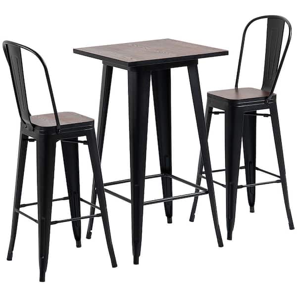 HOMCOM 3-Piece Black Bar Table Set with Footrests and Metal Frame