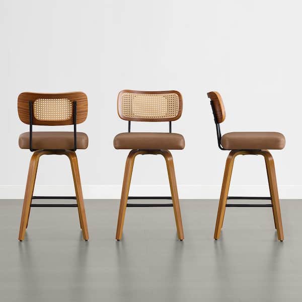 Mara 37.4" Brown 360° Swivel Bar Stools with Rattan Back, Wood Frame,Metal Footrest for Dining Room Set of 3