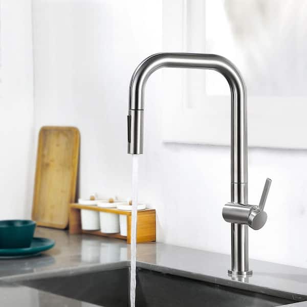 Lead-free 18 in. Single Handle Pull Down Sprayer Kitchen Faucet with 360° Spout Swivel in Brushed Nickel