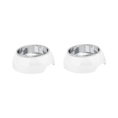 6 oz. Plastic Food and Water Bowls for Dogs or Cats with Stainless Steel Inserts and Non-Slip Feet in White (Set of 2)