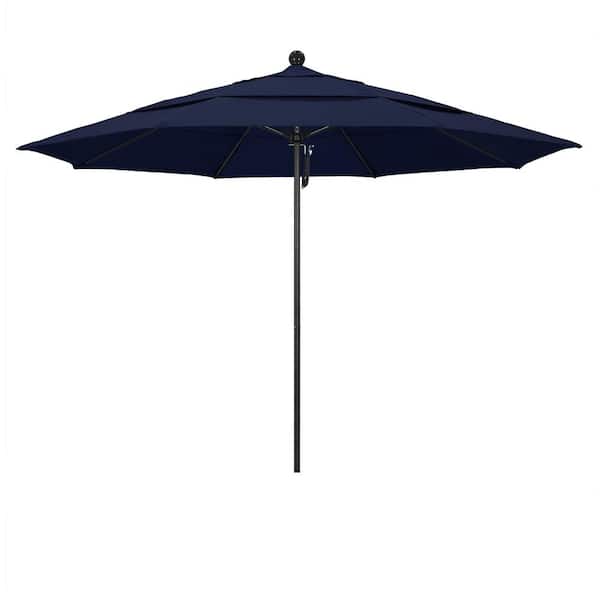 11 ft. Black Aluminum Commercial Market Patio Umbrella with Fiberglass Ribs and Pulley Lift in Navy Blue Olefin