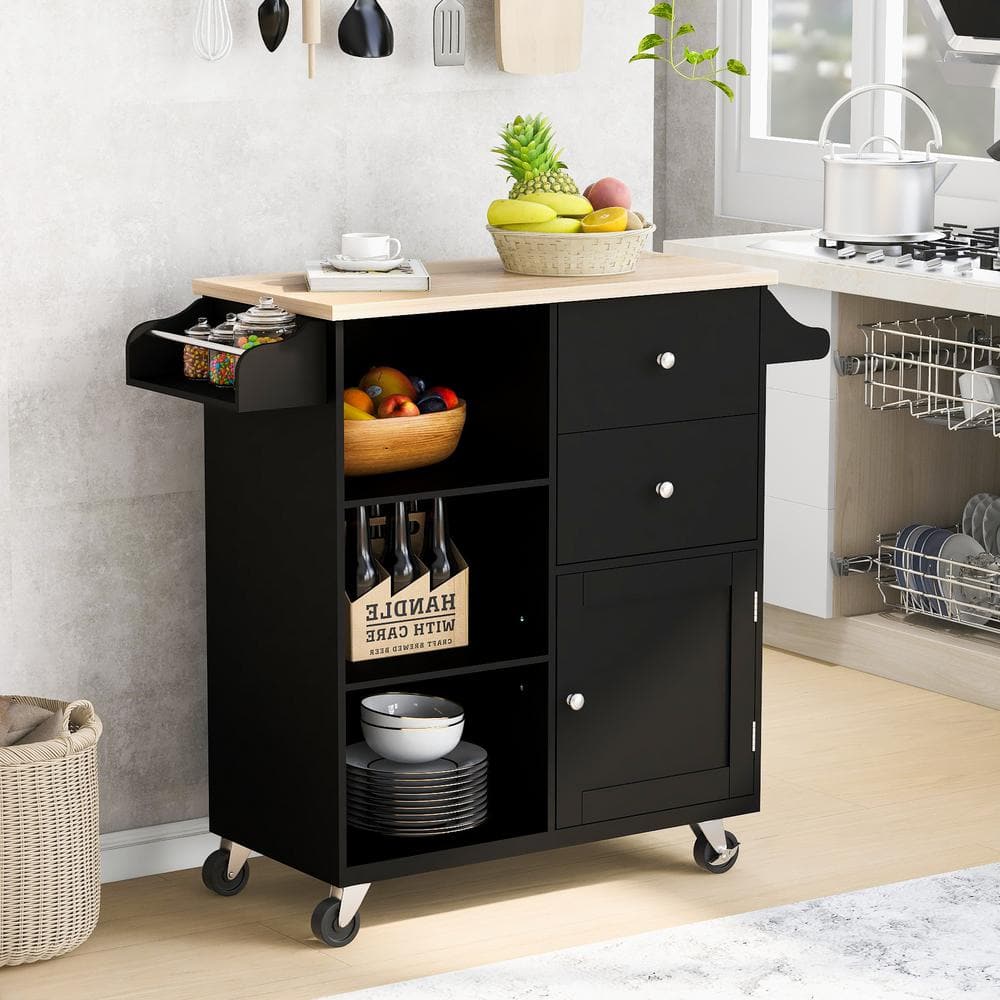 ARTCHIRLY Brown Solid Wood Top 41 34 In Black Kitchen Island Cart On 4   Black Kitchen Islands Kiswf299363aab 64 1000 