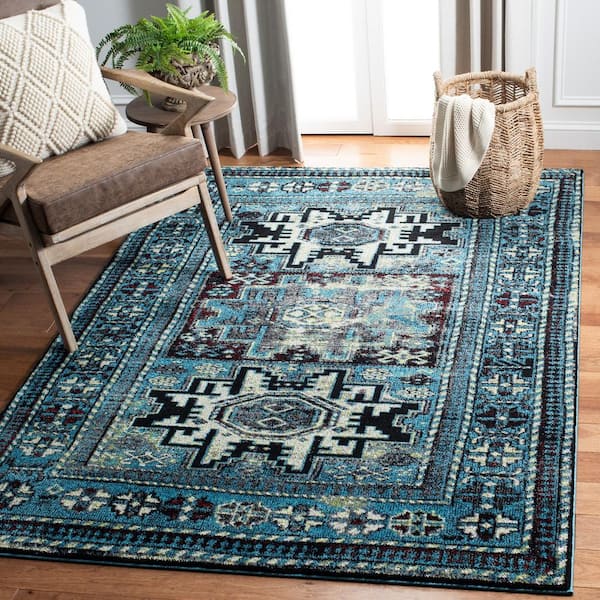 Vintage Hamadan Light Blue/Black Doormat 3 ft. x 3 ft. Medallion Border Square Area Rug